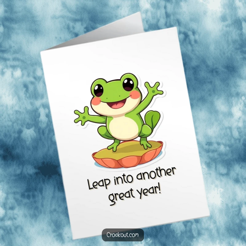 Funny Free Printable Birthday Card: A happy frog leaping joyfully on a lily pad, ready to celebrate.