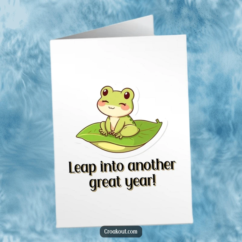 Funny Free Printable Birthday Card: Kawaii frog winking joyfully while riding a floating leaf, perfect for a downloadable gift.