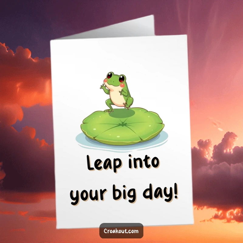 Funny Free Printable Birthday Card: A tiny frog character joyfully leaping onto a large, welcoming lily pad.