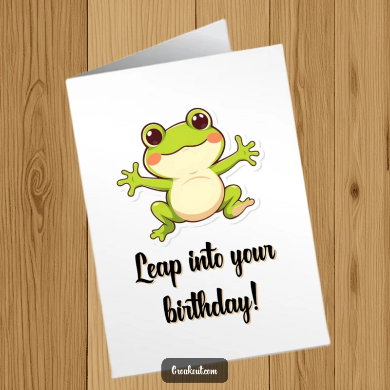 Funny Free Printable Birthday Card, whimsical frog character mid-air doing a bouncy jump, full of energy and birthday cheer.