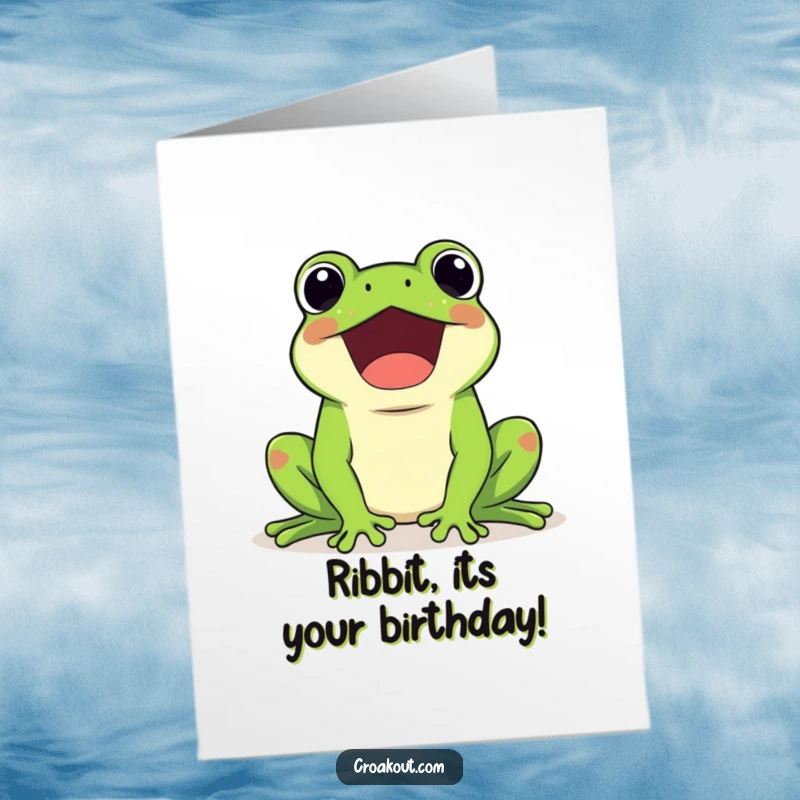 Funny Free Printable Birthday Card: a kawaii frog character happily croaking loudly, ready to print and celebrate.