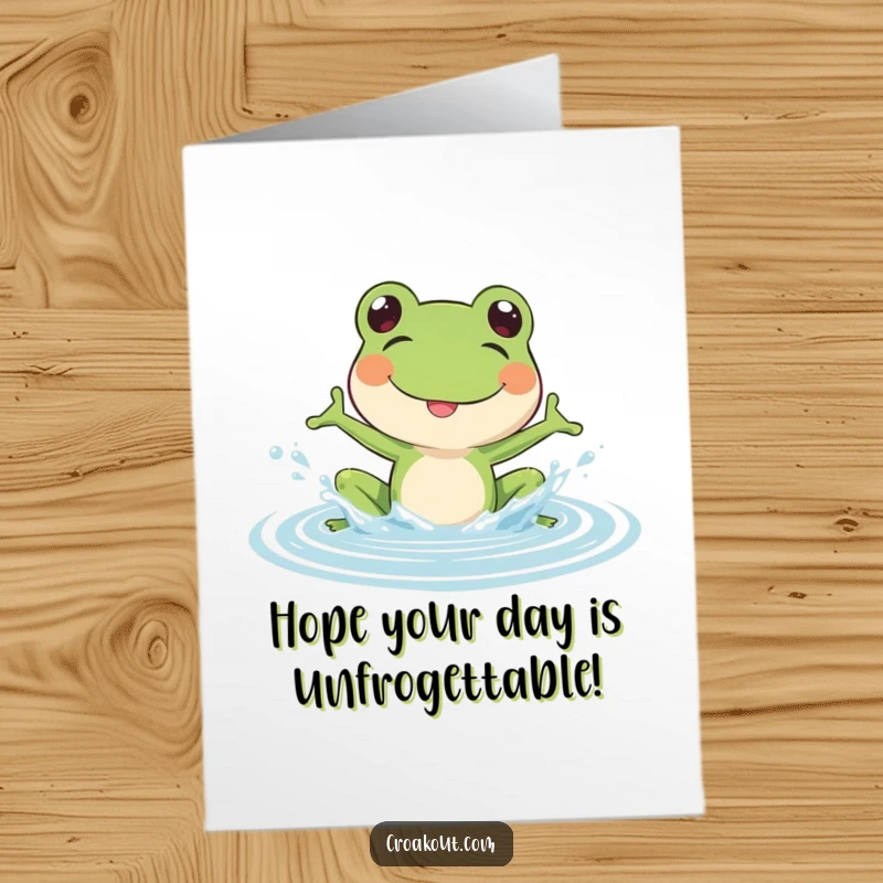 Funny Free Printable Birthday Card: A happy frog joyfully splashing and creating a playful spray in shallow water, celebrating a birthday with glee.