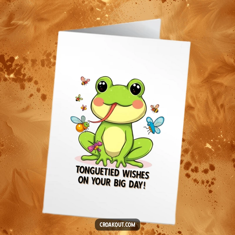 Funny Free Printable Birthday Card: Goofy frog with a long tongue catching colorful bugs, ready to celebrate a special occasion.