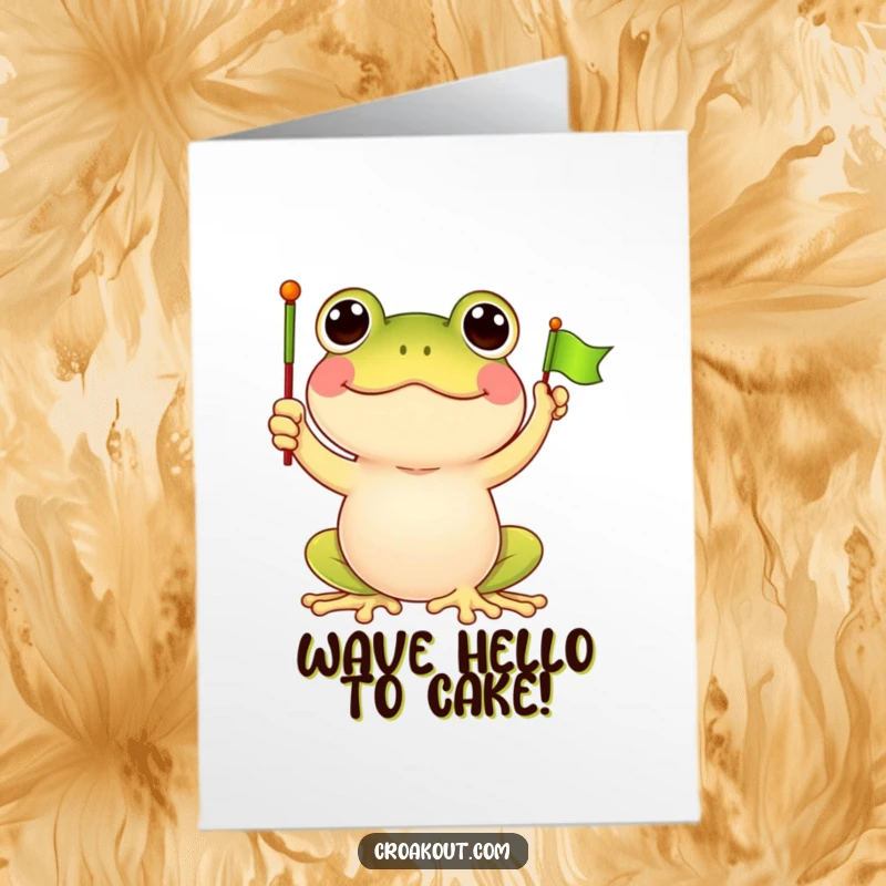 Funny Free Printable Birthday Card featuring a delighted frog character enthusiastically waving a tiny green flag.