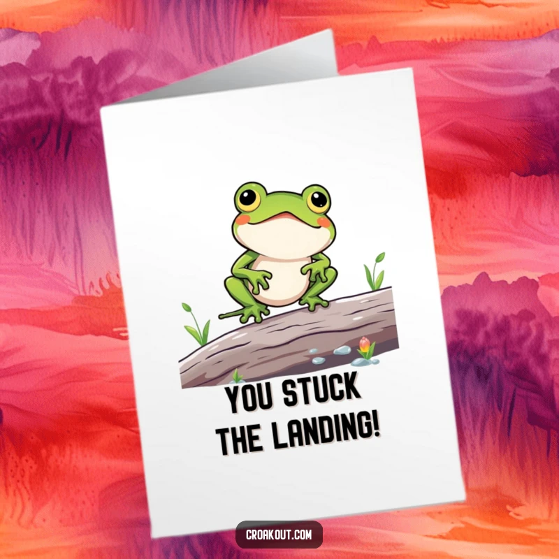 Funny Free Printable Congrats Card: a kawaii frog hilariously attempts to balance on a log, downloadable celebration art.