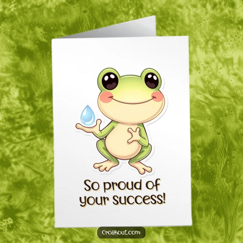 Funny Free Printable Congratulations Card: A happy frog beaming with joy while holding a large, shimmering dewdrop, celebrating a wonderful success.