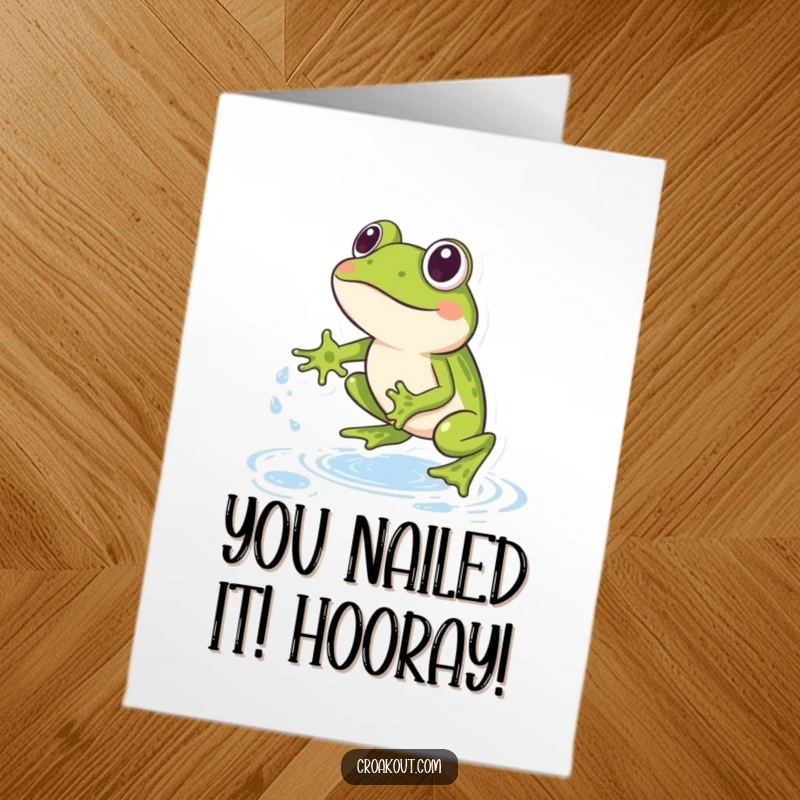Funny Free Printable Congratulations Card: An animated frog leaping over frothy water droplets, celebrating a triumphant achievement with pure glee.