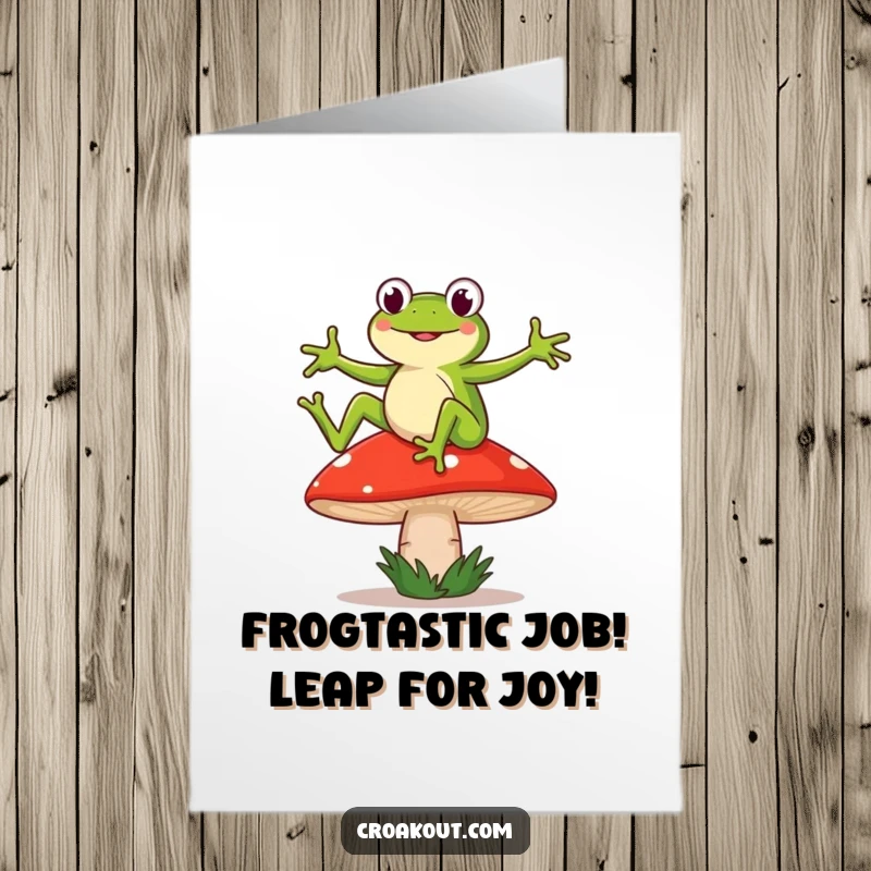 Funny free printable congratulations card featuring a frog doing a silly dance on a shaky mushroom. Quick printable joy.