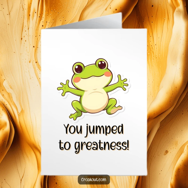 Funny Free Printable Congratulations Card, whimsical frog character doing a big bouncy jump, celebrating a huge success, energetic and amusing.