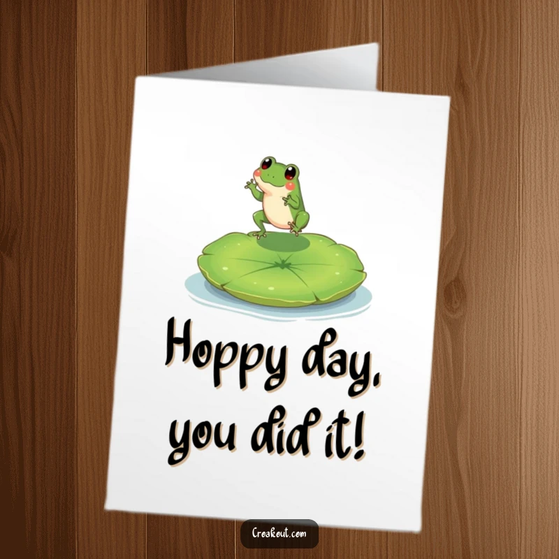 Funny Free Printable Congrats Card: A tiny frog character making a happy leap onto a substantial lily pad.