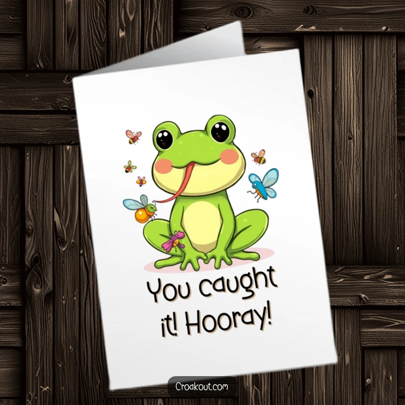 Funny Free Printable Congrats Card: Amused frog triumphantly catching colorful bugs with his long tongue, celebrating a big achievement.