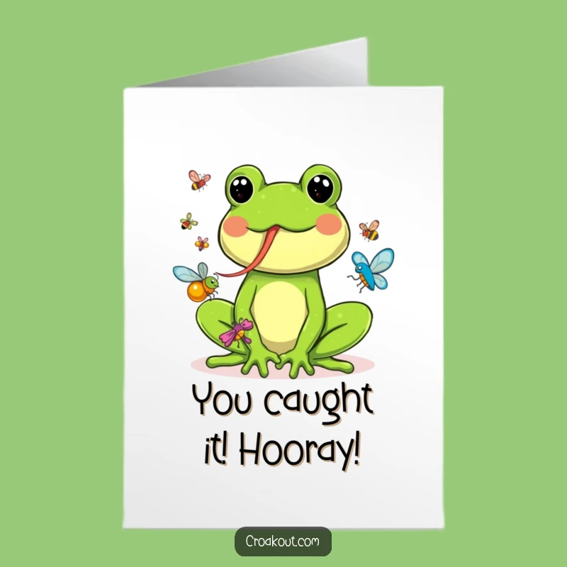 Free Printable Congrats Card: Funny Frog's Bug Catching Triumph, Downloadable & Hilarious Celebration