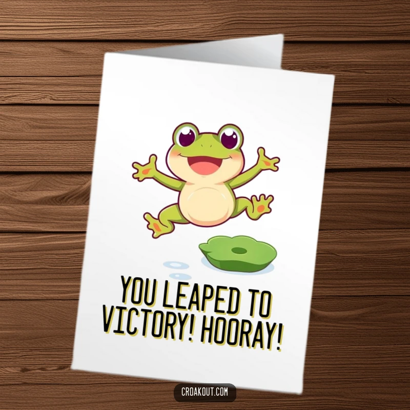 Funny Free Printable Congratulations Card: Joyful frog mid-leap over a lily pad, cheering on success.
