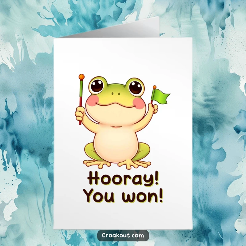 Funny Free Printable Congratulations Card with a delighted frog character waving a tiny green flag with excitement.