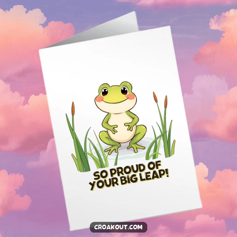 Funny Free Printable Frog Congratulations Card: Beaming frog wading through reeds, celebrating success with a wide, happy grin.