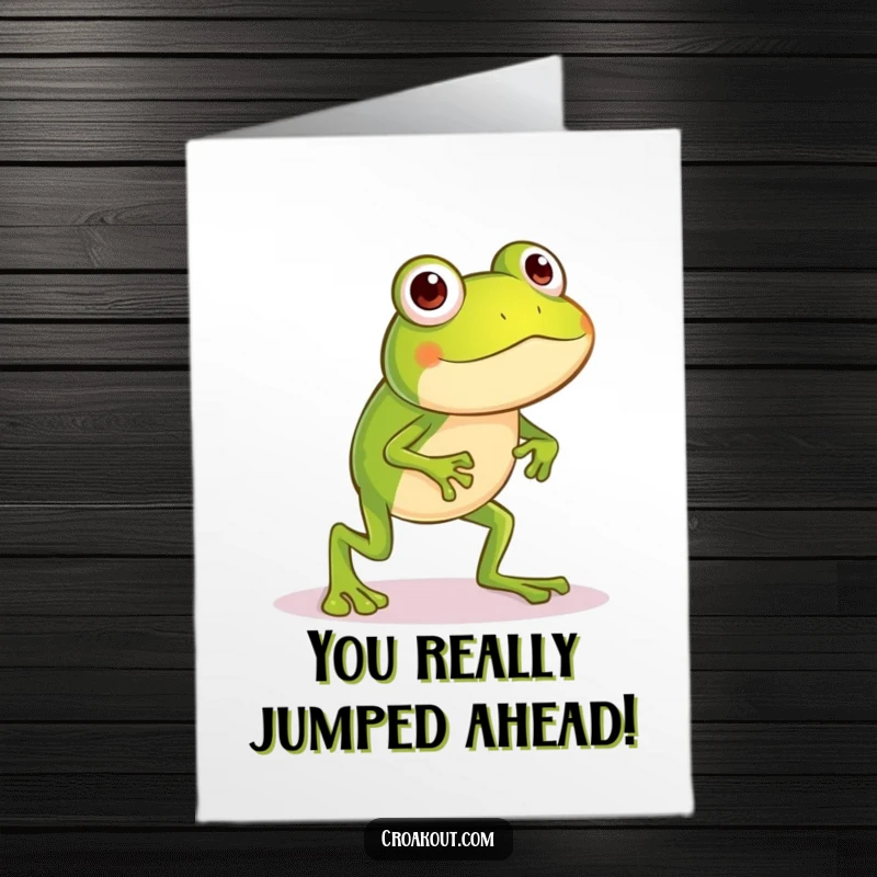 Funny Free Printable Frog Congratulations Card: Little frog with long legs making a funny, awkward hop, celebrating a milestone.