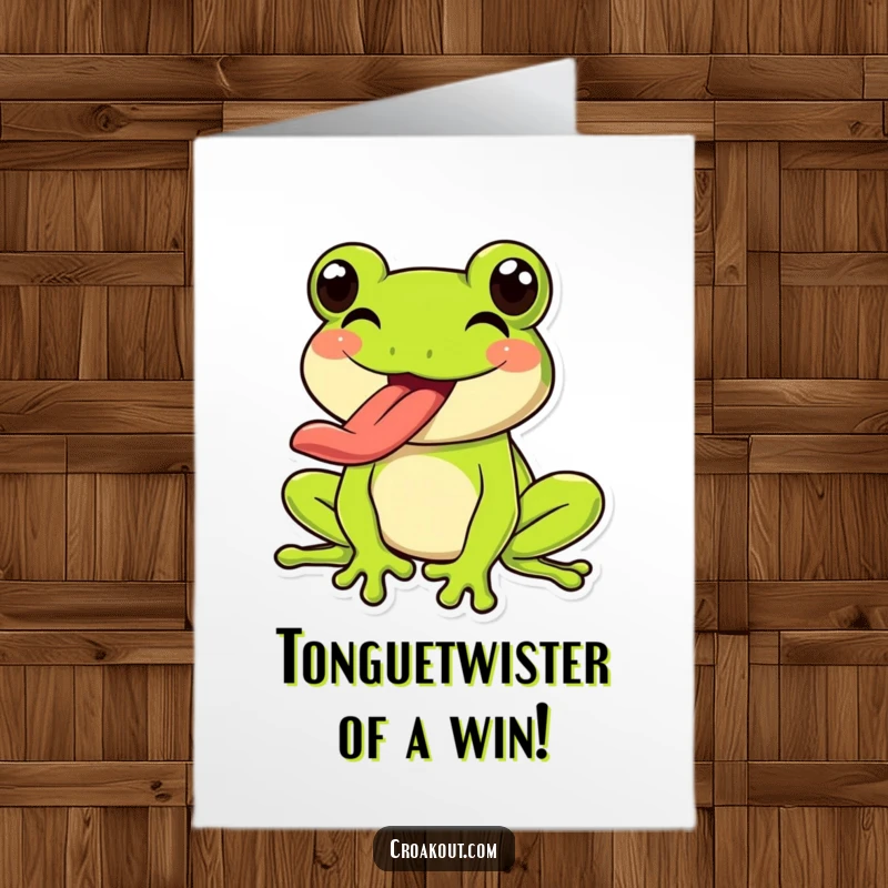 Funny Free Printable Congratulations Card: a happy frog gleefully sticking out its long tongue to share its excitement.