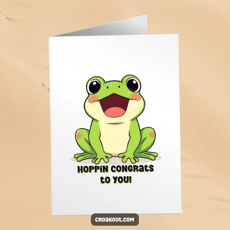 Funny Free Printable Congrats Card: a kawaii frog character joyfully croaking loudly, perfect downloadable art.