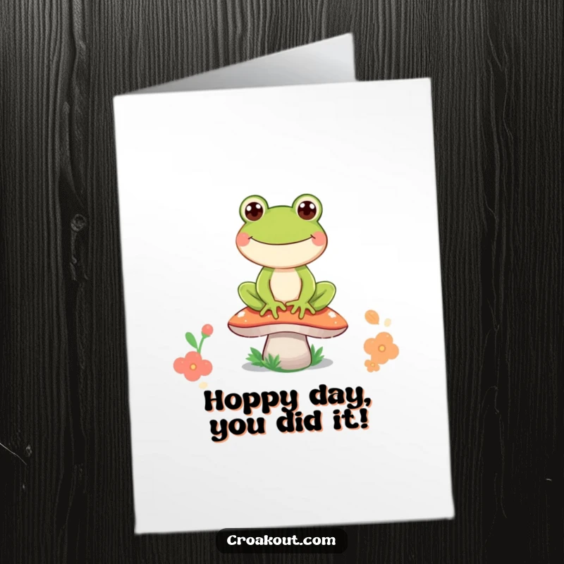 Funny Free Printable Congratulations Card with a happy frog character grinning on a mushroom.