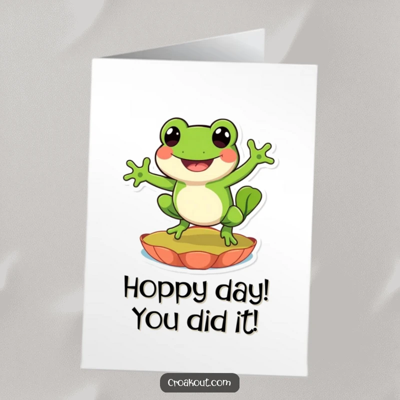 Funny Free Printable Congrats Card: A happy frog performing a joyful leap on a lily pad, celebrating success.