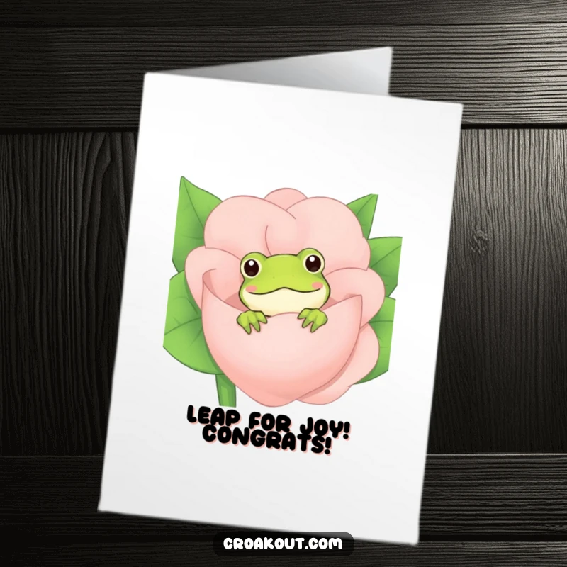 Funny Free Printable Congratulations Card: A cheerful frog peeking from behind a large blossom, celebrating an awesome achievement with a grin.