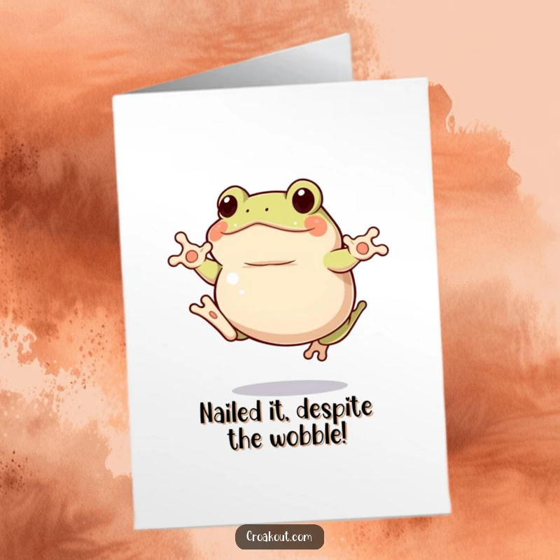 Funny Free Printable Congratulations Card: A plump frog captured mid-clumsy jump, celebrating a win.