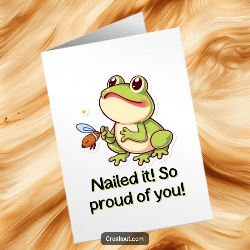 Funny Free Printable Congrats Card featuring a small frog with its tongue out catching a fly in celebration.