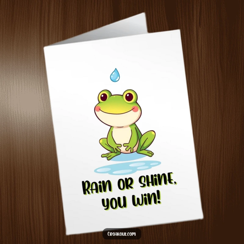 Funny Free Printable Congratulations Card: Goofy kawaii frog catching a raindrop, a delightful and humorous downloadable greeting.