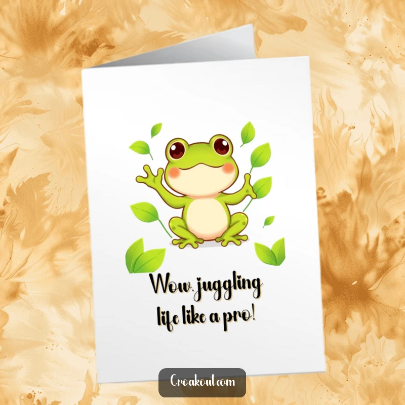 Funny Free Printable Congrats Card of a Kawaii frog cheerfully juggling green leaves to celebrate success.