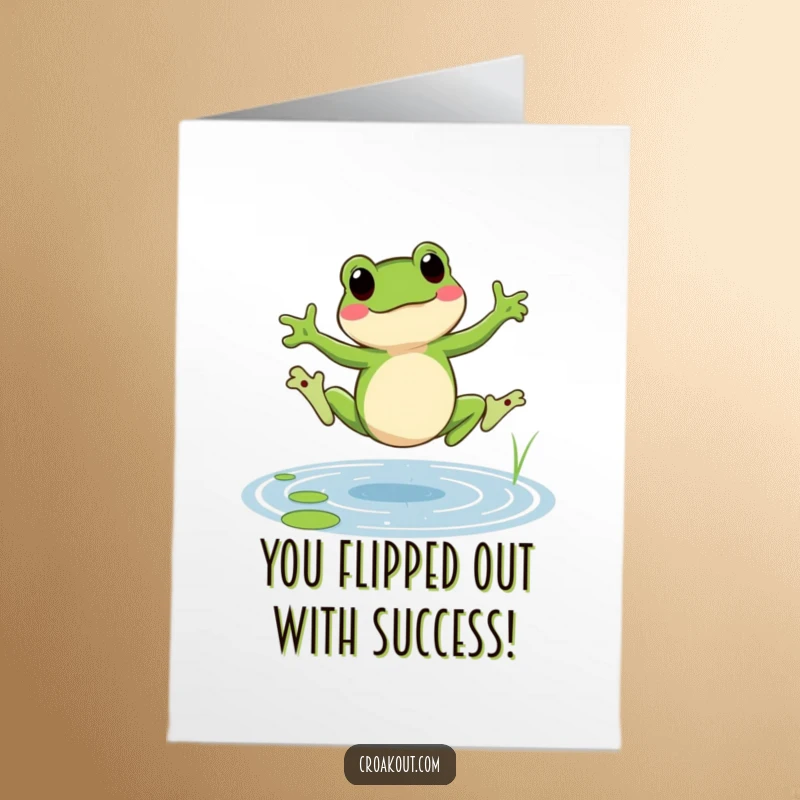 Funny Free Printable Congrats Card of a frog doing a cartwheel in a pond, symbolizing an energetic win.
