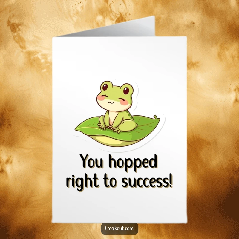 Funny Free Printable Congratulations Card: Kawaii frog winking while riding a leaf, a charming and humorous downloadable greeting.
