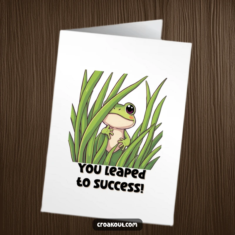 Funny Free Printable Frog Congratulations Card: Curious frog peeking from behind grass, celebrating achievements with a grin.