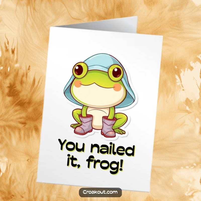Funny Free Printable Congratulations Card: a cheerful frog sporting a tiny rain hat and boots, celebrating success.