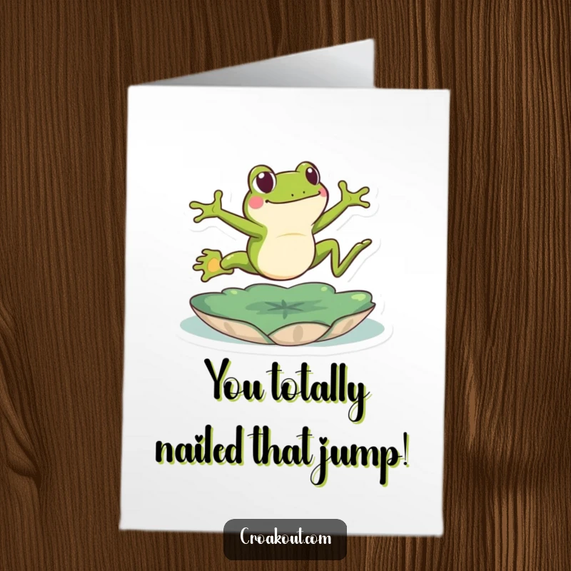 Funny Free Printable Congrats Card showing a green frog mid-leap over a lily pad, symbolizing victory.