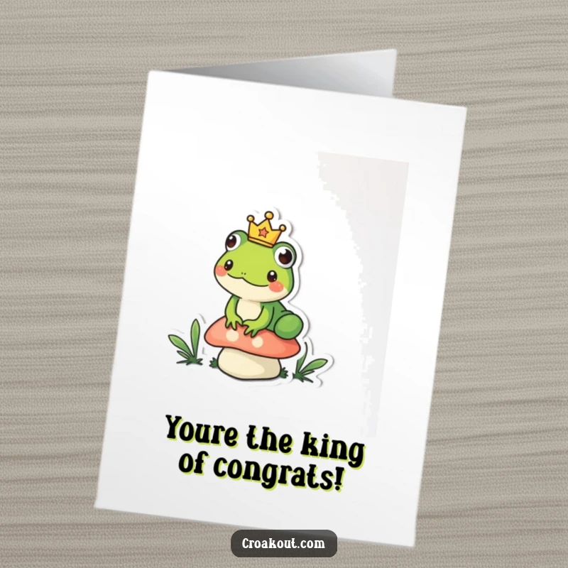 Funny Free Printable Congrats Card showing a frog with a crown sitting on a mushroom, celebrating their success.