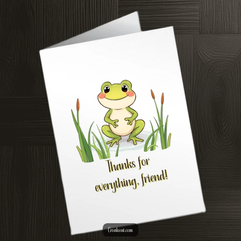 Funny Free Printable Frog Thank You Card: Beaming frog wading through reeds, expressing thanks with a joyful grin.