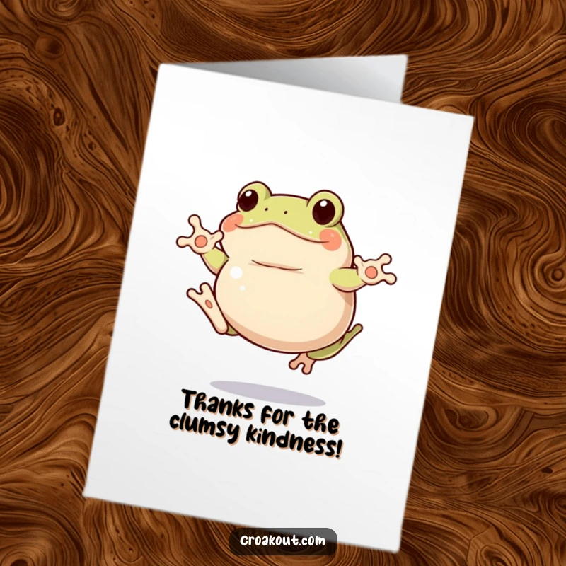 Funny Free Printable Thank You Card: A plump frog executing a hilariously awkward jump, conveying thanks.