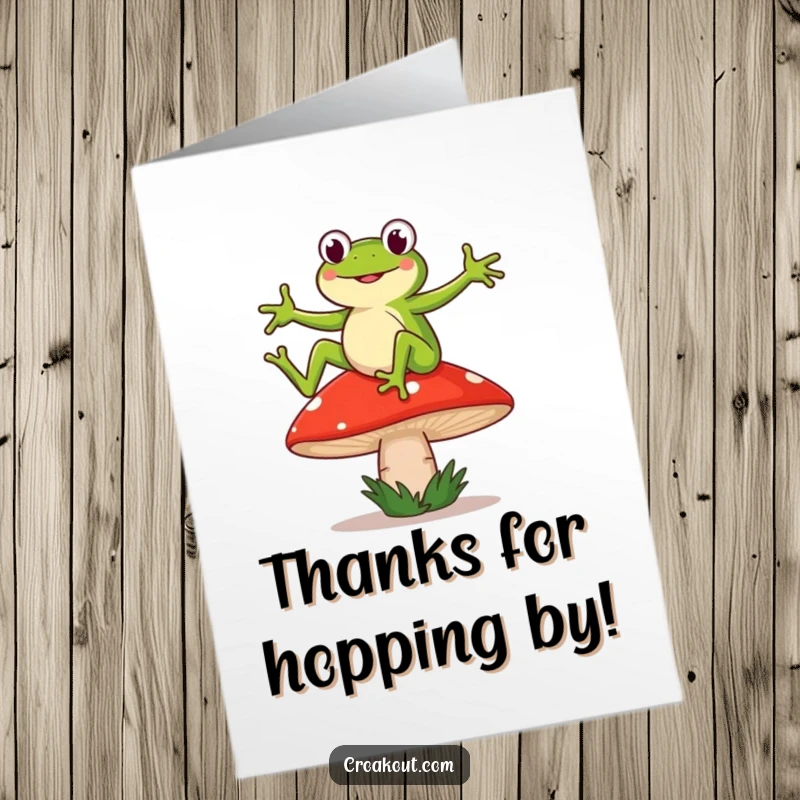 Funny free printable thank you card of a frog dancing gleefully on a wobbly mushroom. Easy printable gratitude.