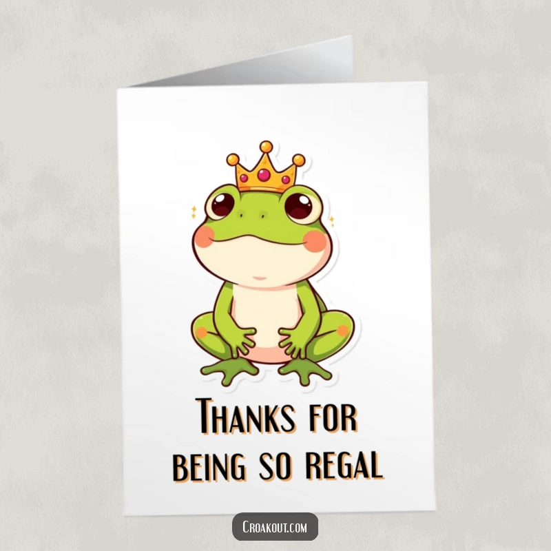 Funny Free Printable Thank You Card: A small crowned frog sits with an amused expression, conveying royal gratitude.