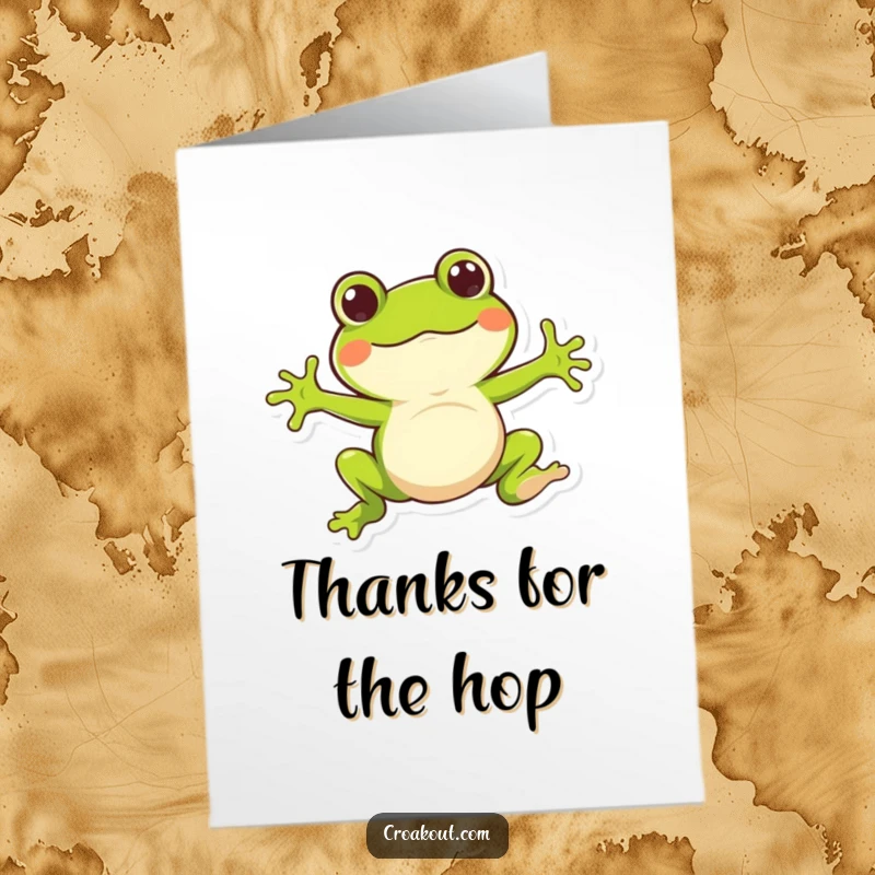 Funny Free Printable Thank You Card, whimsical frog character mid-jump, conveying thanks with enthusiastic energy, amusingly grateful.