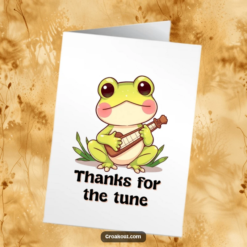 Funny Free Printable Thank You Card, charming frog playing a reed instrument, offering a musical thank you, sweetly humorous.