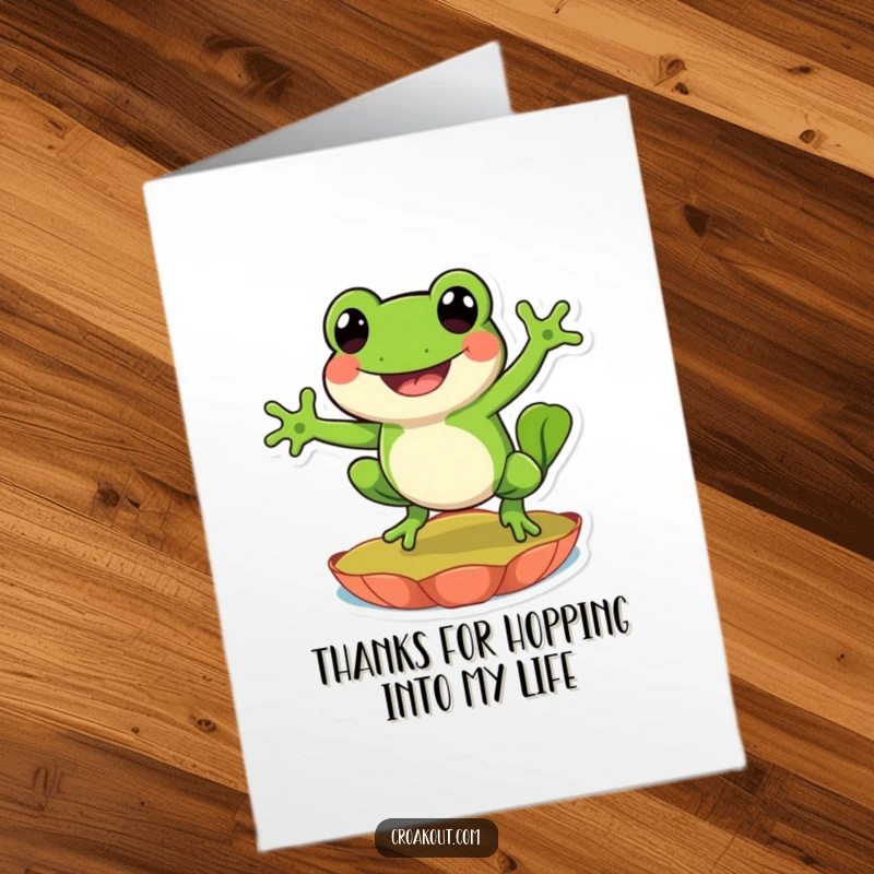Funny Free Printable Thank You Card: A happy frog leaping with joy on a lily pad, expressing thanks.