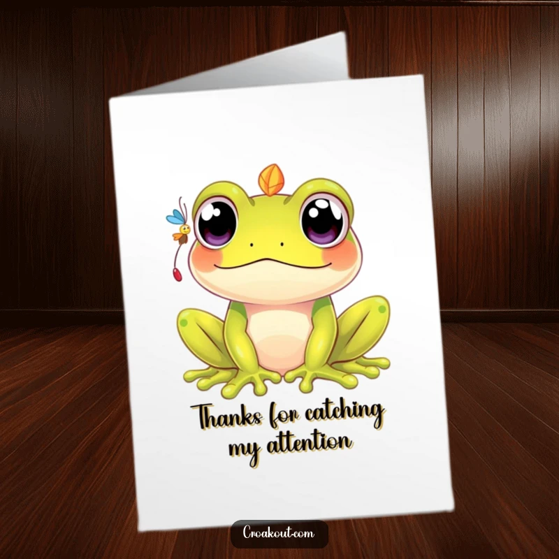 Funny Free Printable Thank You Card: A kawaii frog with big eyes focused on catching a falling fly, saying thanks.