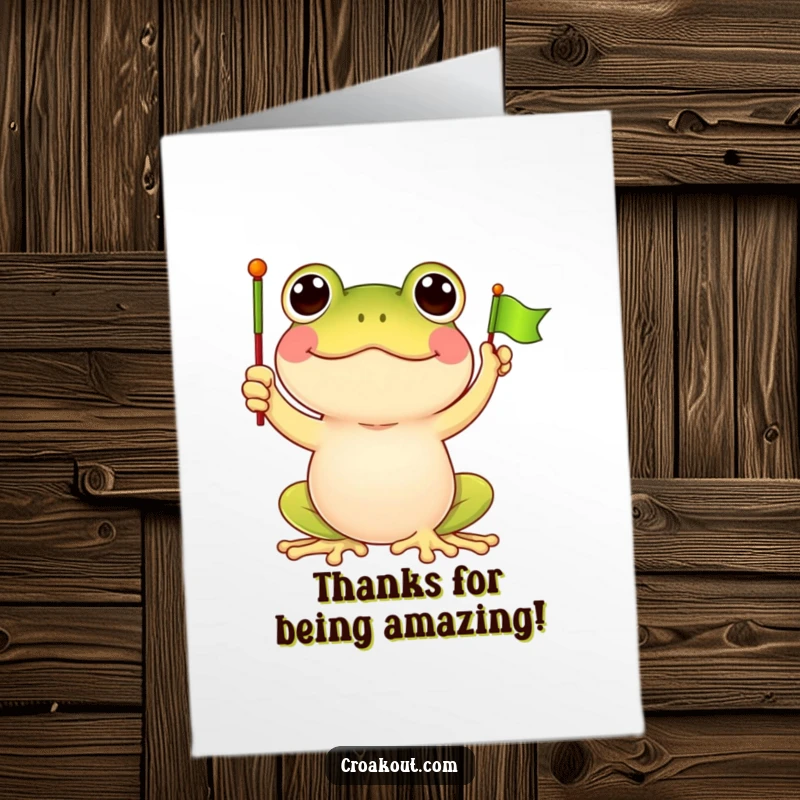 Funny Free Printable Thank You Card of a delighted frog character waving a tiny green flag to express gratitude.