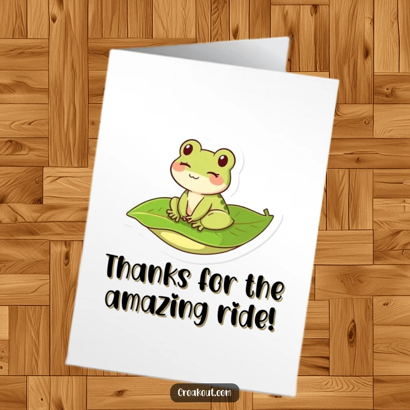 Funny Free Printable Thank You Card: Adorable frog winking as it surfs a leaf, a unique downloadable card idea.