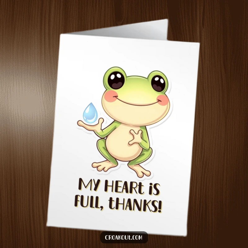 Funny Free Printable Thank You Card: A gleeful frog lovingly holding a large, sparkling dewdrop, conveying a cheerful and sincere thank you.