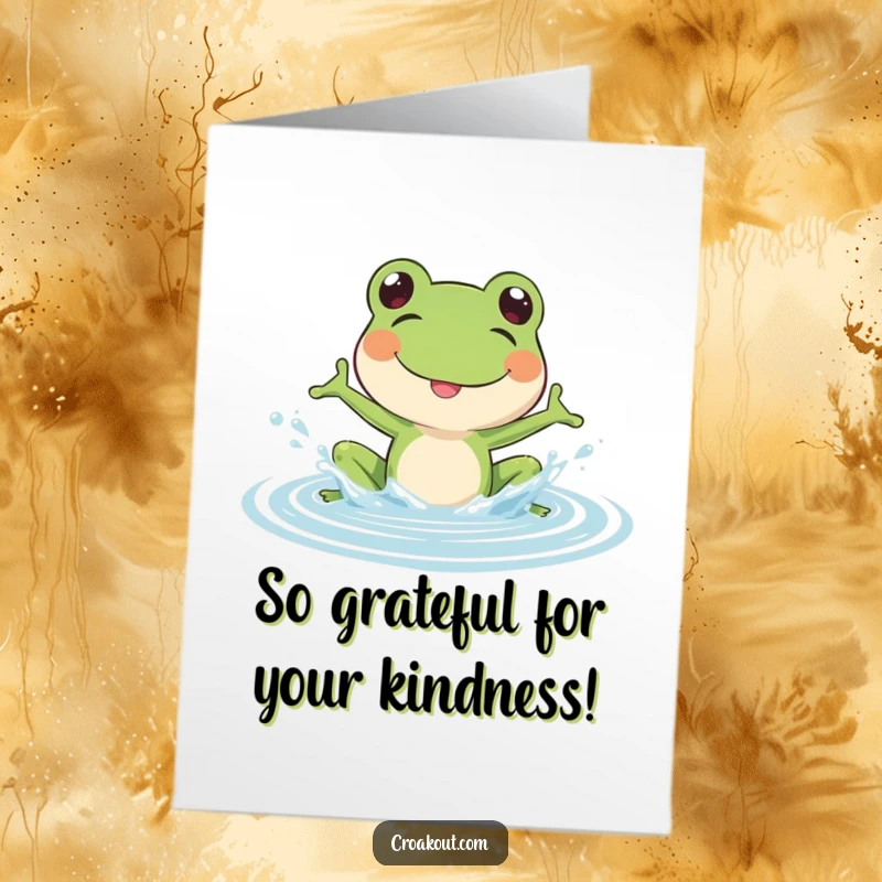 Funny Free Printable Thank You Card: A happy frog joyfully splashing in shallow water, sending a cheerful and fun message of gratitude.
