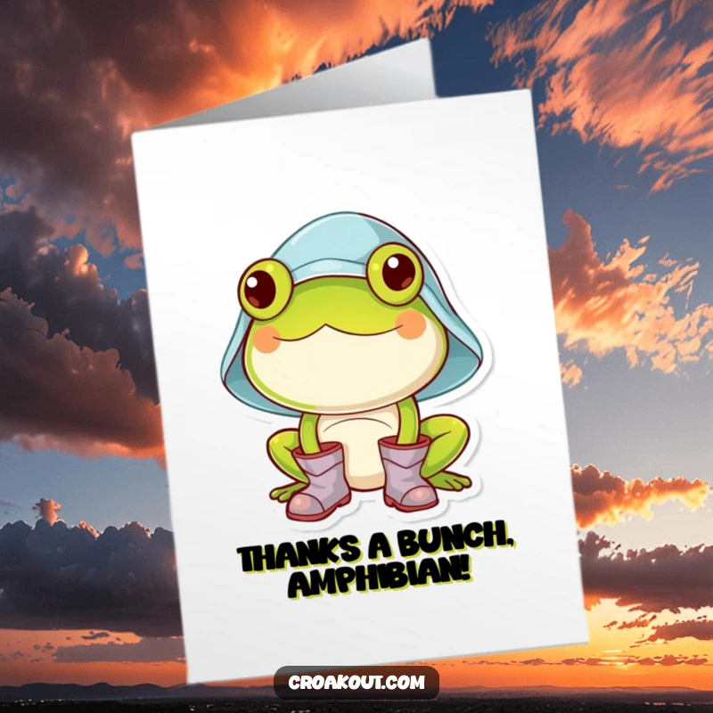 Funny Free Printable Thank You Card: a frog wearing a cute rain hat and boots, offering thanks with a smile.