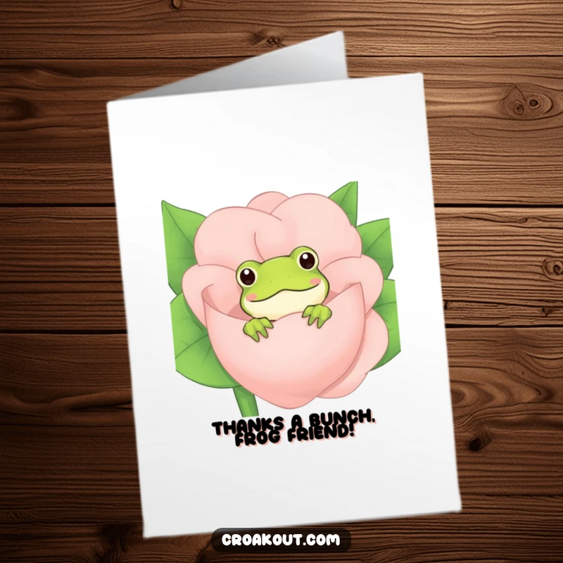 Funny Free Printable Thank You Card: A charming frog peeks from behind a flower, silently expressing gratitude with a cheeky, humorous vibe.
