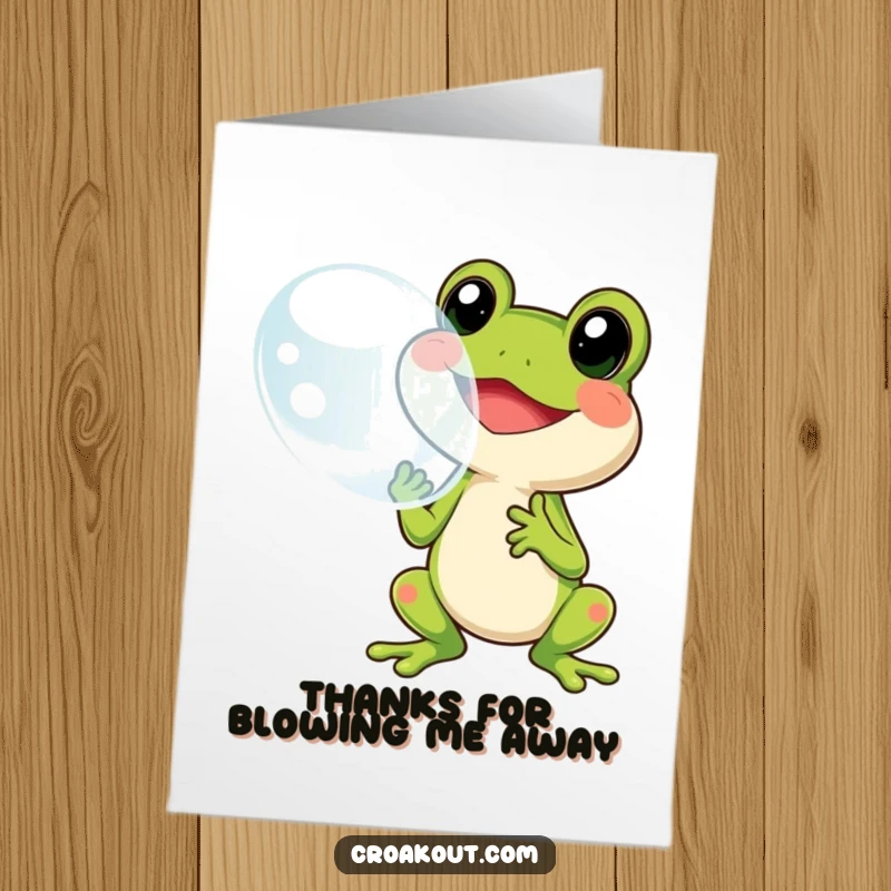Funny Free Printable Thank You Card: A frog with a big smile happily blowing a giant bubble, expressing thanks.